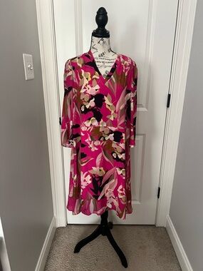 Marc Cain Fuchsia Floral V-Neck Midi Dress